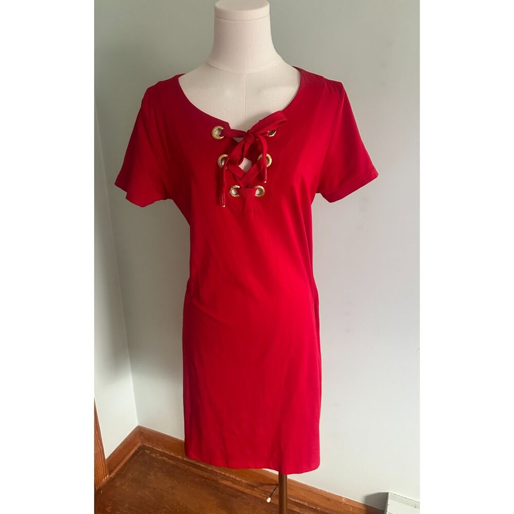 Calvin Klein Red Short Sleeve Lace Up Grommet T-Shirt Dress Size Medium Knit